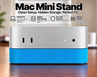 Puede incluir: Un soporte para Mac Mini plateado y azul brillante con un diseño acanalado en la parte inferior. El texto dice Mac Mini Stand, Clean Setup. Hidden Storage. Perfect Fit. Los iconos indican dimensiones de 127 x 127 x 40 mm, almacenamiento SSD, topes antideslizantes y textura acanalada.