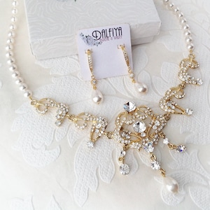 Victorian Wedding Necklace and Earrings Set for Bride with White or Ivory Pearls Art Deco Bride Vintage 1920s Wedding Jewelry Gift