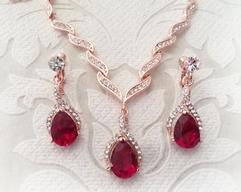 Ruby Red Necklace and Drop Earring Set for Brides with Premium Crystal Art Deco Wedding Jewellery Prom Gift Pageant Clipons