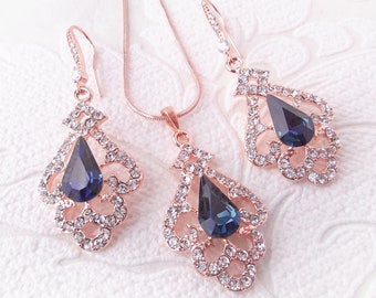 Navy Blue Victorian Wedding Jewelry Set for Brides in Rose Gold, Gold, Silver Plating with Crystal Pendant Necklace and Earrings