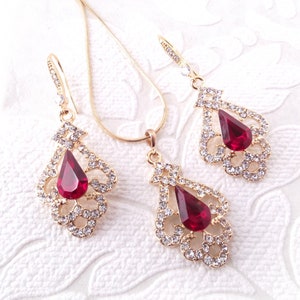 Ruby Red Wedding Jewelry Set for Brides in Rose Gold, Gold, or Silver Plating with Crystal Pendant Necklace and Drop Earrings