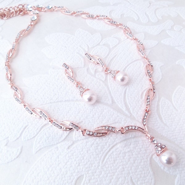 RoseGold, Gold, or Silver Wedding Earrings and Necklace Set with Crystal Core Pearl for Art Deco Vintage Bride Classic MOB Jewelry