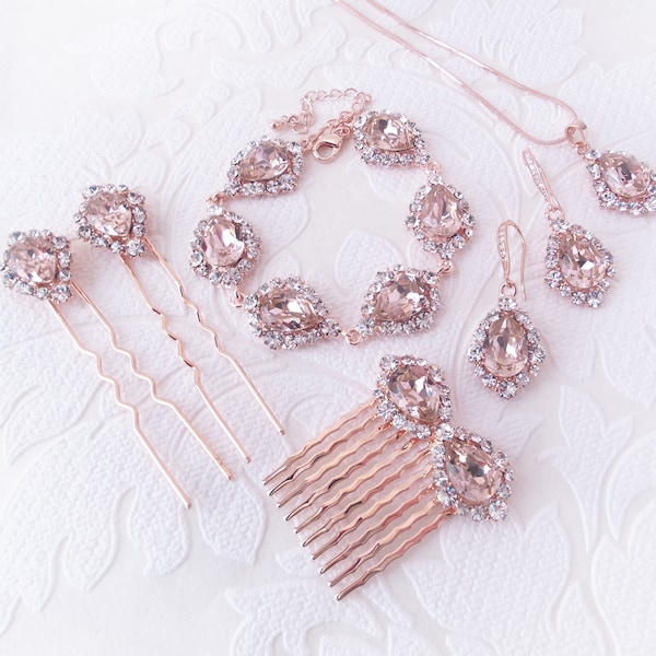 Blush Rose Gold Wedding Bracelet, Earrings, Necklace, Hair Pin or Comb Set for 1920s Art Deco Bride Personalized Color Prom Gift Jewelry