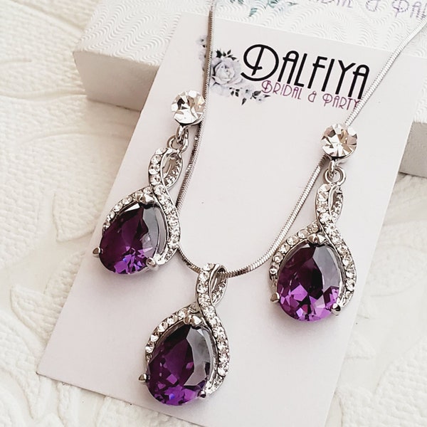 Royal Purple Amethyst CZ Wedding Jewelry Set Pendant Necklace and Pierced or Clipon Earrings for 1920s Clip Ons Bridesmaid Gifts