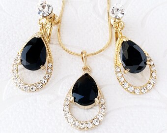 Jet Black or Custom Color Jewelry Set on Gold, Rosegold, or Silver with Clipon Earrings or Pendant Necklace