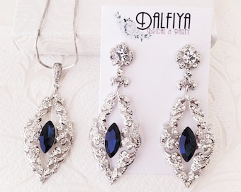 Something Blue Victorian Chandelier Earrings or Necklace Set for 1920s Bride Art Deco Wedding Prom Jewelry Blush Bridesmaid Gifts