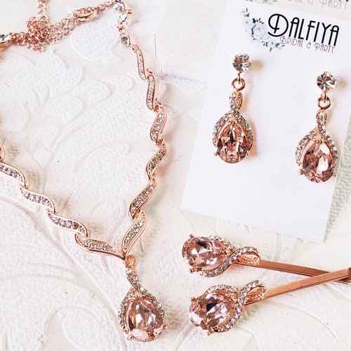 Rose Gold Necklace and Earring Set Blush Pink Bridal Necklace Etsy