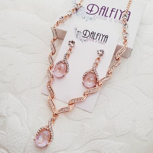 Dusty Pink Blush Wedding Jewelry Set for Bride with Necklace and Pierced or Clipon Earrings for 1920s Art Deco Clip Ons Bridesmaid Gifts