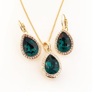 Custom Color Wedding Jewelry Set with Emerald Green on Gold Pendant Necklace or Drop Earrings for 1920s Art Deco Bridal Jewellery Prom Gift