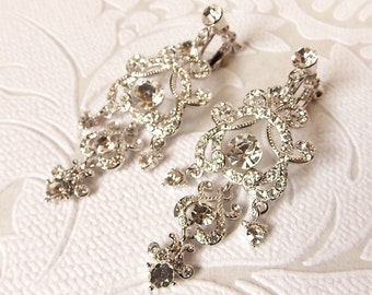 Pierced or ClipOn Victorian Chandelier Bridal Earrings with Crystal Rhinestone Art Deco 1920s Prom Clip On Vintage Glam Wedding