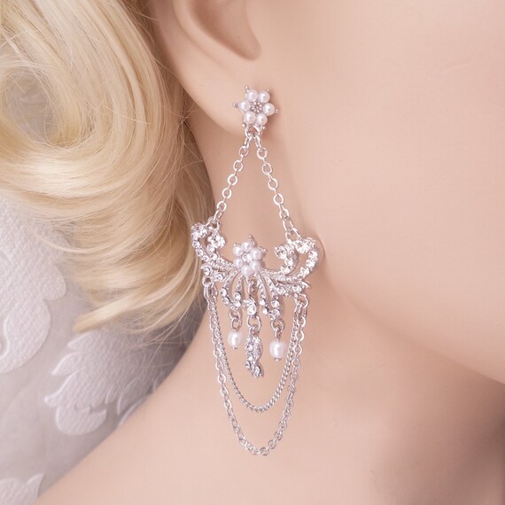 STUNNING Clear Crystals LONG CHANDELIER Bridal Pageant Prom Drag CLIP Earrings C
