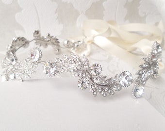 Floral Vine Headband Wreath for Bride with Crystal Bohemian Wedding Headpiece Bridal Hair Jewelry