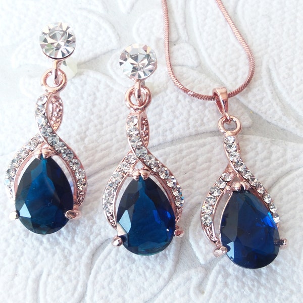 Sapphire on Rose Gold Wedding Jewelry Set with Navy Blue Pendant Necklace and Pierced or Clipon Earrings for 1920s Clip Ons Bridesmaid Gifts