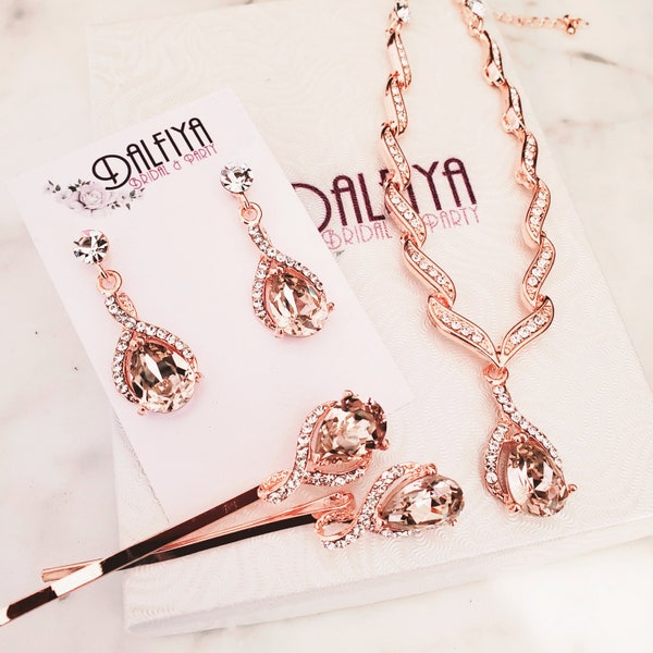 Blush on Rose Gold Necklace and Drop Earring Jewelry Set for Brides with Custom Color Crystal