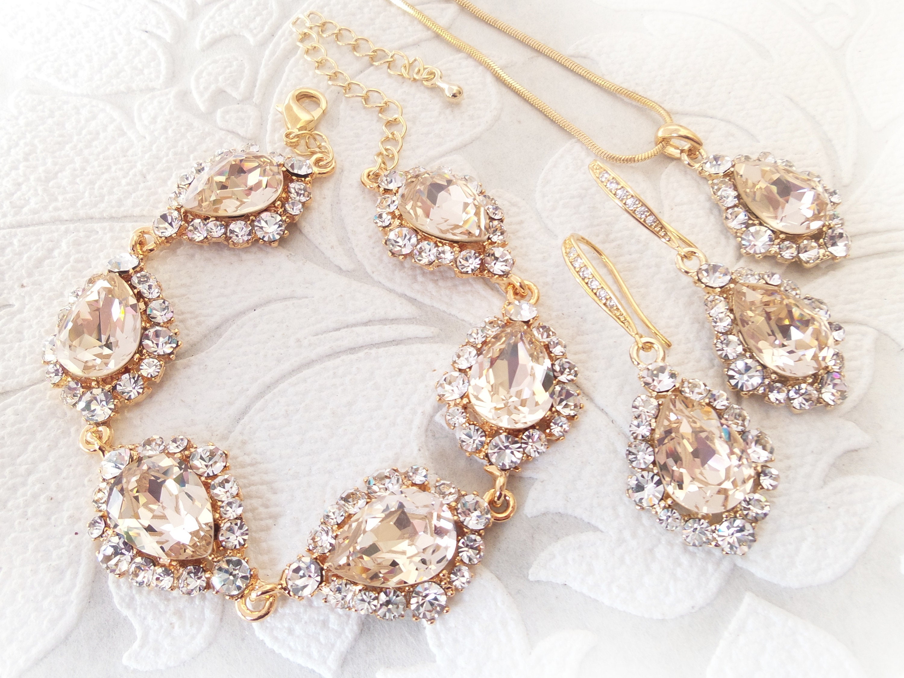 Champagne Wedding Bracelet Earrings Pendant Set for 1920s - Etsy