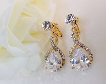 Vintage Glam Gold Champagne Pierced or ClipOn Drop Earrings With Crystal Victorian Wedding Jewelry for Brides Bridesmaid Gifts