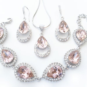 Blush Rose, Pink, or Champagne Wedding Drop Earrings, Pendant Necklace, and Bracelet Set for Brides Custom Color Art Deco Bridesmaids Gifts