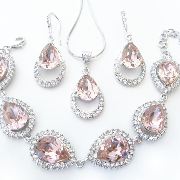 Blush Rose, Pink, or Champagne Wedding Drop Earrings, Pendant Necklace, and Bracelet Set for Brides Custom Color Art Deco Bridesmaids Gifts