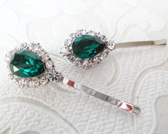 Emerald Green Bridal Hair Pins with Crystal on Strong Bobby Pin for Vintage Art Deco Hair Style or Victorian Wedding Headpiece Set