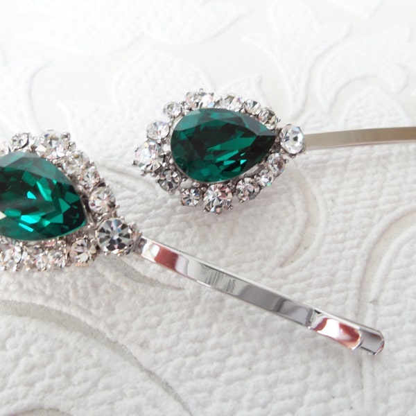 Smaragdgrüne Braut-Haarnadeln mit Kristall auf starker Haarnadel für Vintage-Art-Deco-Frisur oder viktorianisches Hochzeits-Kopfschmuck-Set