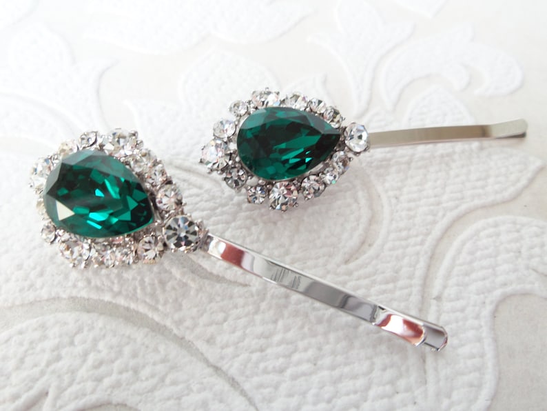 Emerald Green Bridal Hair Pins With Crystal on Strong Bobby Etsy