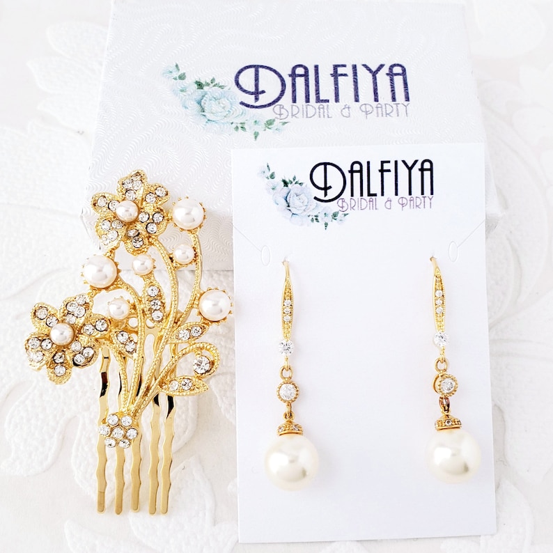 Gold or Silver Hair Floral Comb and Pearl Drop Earrings Wedding Jewelry Set for Brides