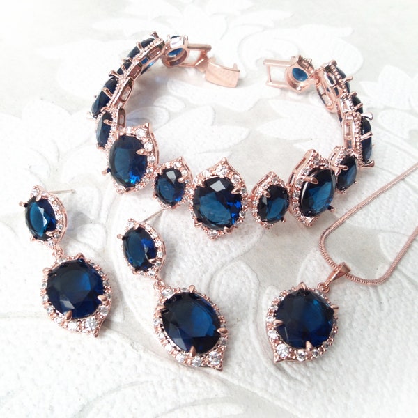 Sapphire on Rose Gold Wedding Set Bracelet, Earrings, or Necklace for 1920s Art Deco Bride or Victorian Jewelry Gift Rosegold Prom Jewellery