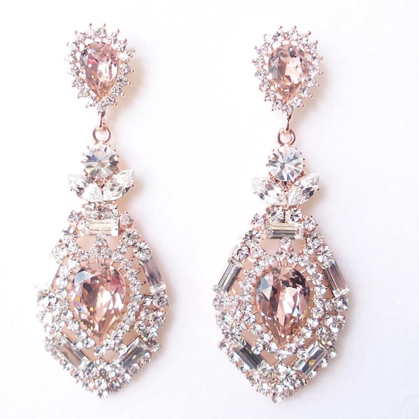 Blush Rose Gold Victorian Chandelier Earrings with Champagne Crystal Vintage Glam Wedding Art Deco Bridesmaid Gift Prom Earrings