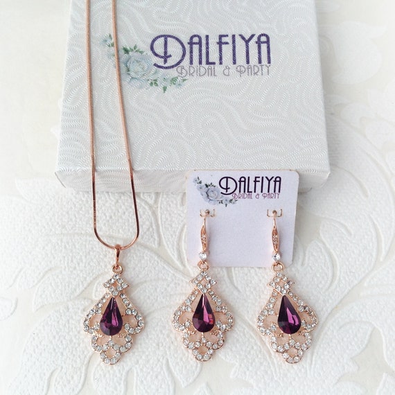 Amethyst Purple Victorian Wedding Jewelry Set for Brides Crystal Pendant Necklace and Earrings Jewel Tone 1920s Prom
