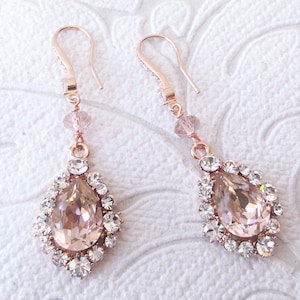 Blush Rose Gold Chandelier Earrings with Vintage Rose Crystal Bridal Art Deco Wedding Jewellery for Rosegold Victorian Prom