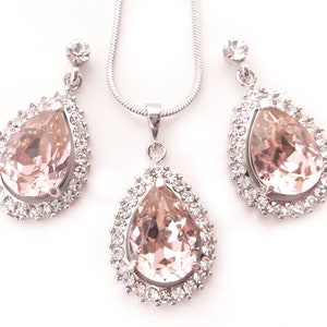 Blush Pink Earrings and Pendant Necklace Set for Brides with Crystal for Art Deco Bridesmaid Gift 1920s Prom Victorian Costume