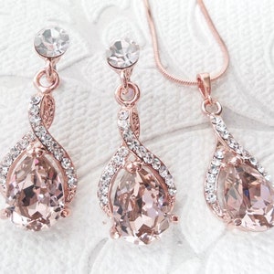 Blush Rose Gold Wedding Jewelry Set Rosegold Pendant Necklace and Pierced or Clipon Earrings for 1920s Art Deco Clip Ons Bridesmaid Gifts