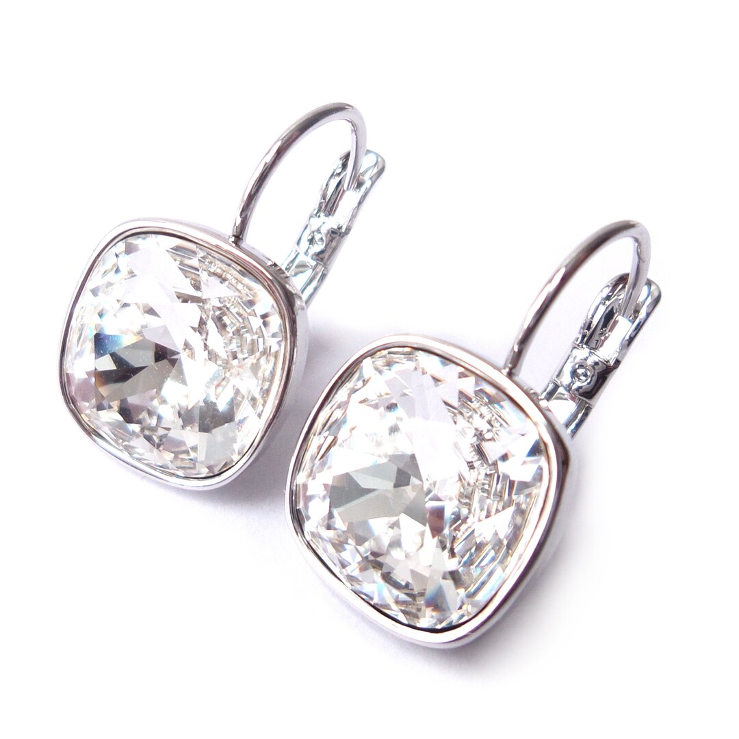 Clear White Crystal Drop Earrings With 12mm Cushion Cut Etsy