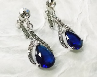 Navy Sapphire Blue Halo Drop ClipOn Earrings Crystal and Cubic Zirconia Bridesmaid Wedding Chandelier Bridal Dangle Drop Clip Ons