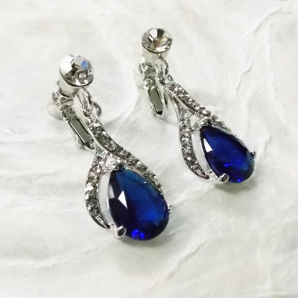 Navy Sapphire Blue Halo Drop ClipOn Earrings Crystal and Cubic Zirconia Bridesmaid Wedding Chandelier Bridal Dangle Drop Clip Ons