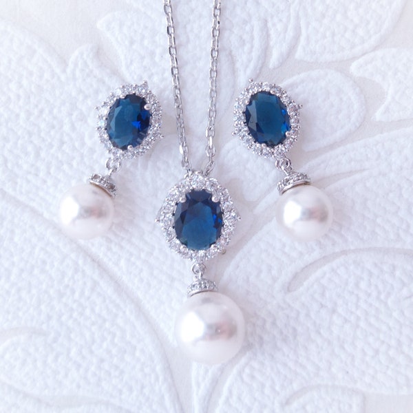 Sapphire on Rose Gold or Silver Wedding Pearl Drop Earrings, Necklace, or Set for Brides Custom Pierced or Clipon