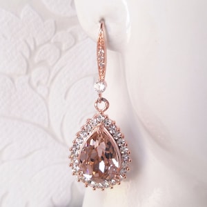 Errötende Rosegold-Brautohrringe mit Swarovskki-Kristall in individueller Farbe, Brautjungferngeschenke für Art-Deco-Abschlussball, 1920er-Jahre-Hochzeitsschmuck