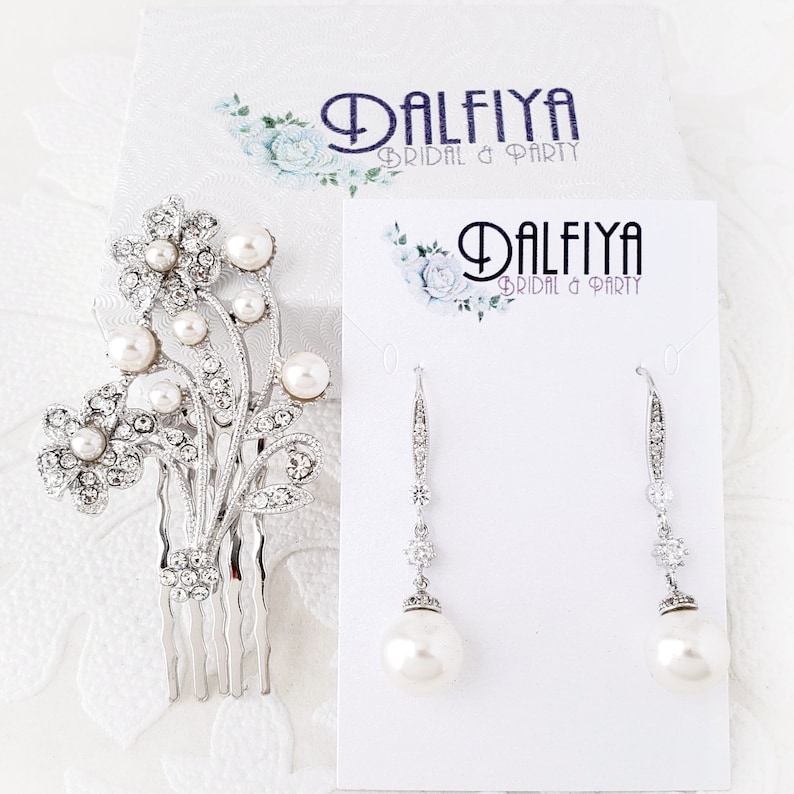 Gold or Silver Hair Floral Comb and Pearl Drop Earrings Wedding Jewelry Set for Brides