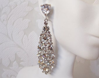 Hollywood Glamour Drop Earrings Pave Crystal Clipon Wedding Chandeliers on Silvertone Bridesmaid Dangle Ear Clip Ons Vintage Bride