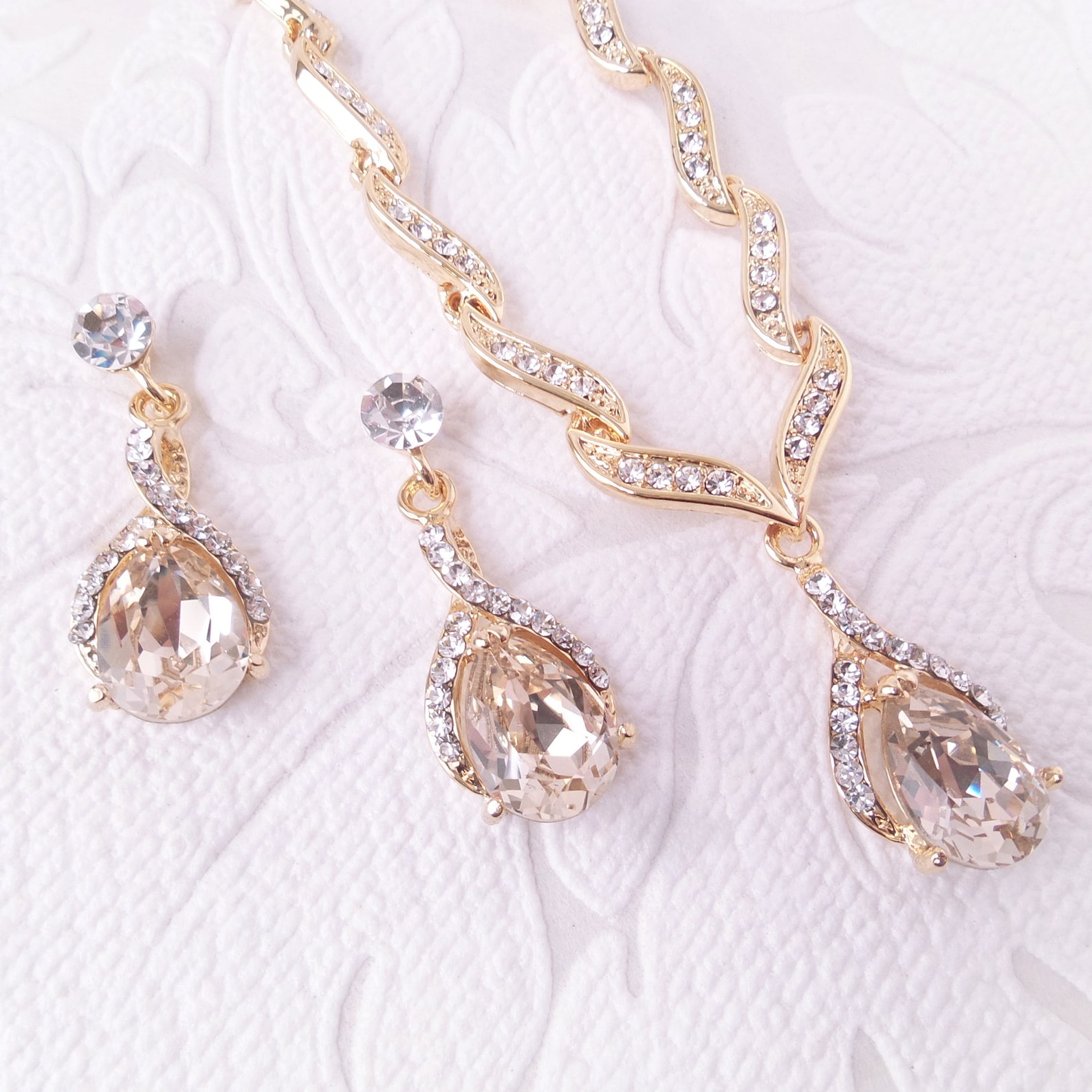 Champagne on Gold Wedding Jewelry Set for Bride Pendant Etsy Australia