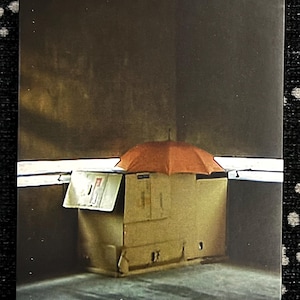 May include: DVD case for "NEW order ITEM A COLLECTION & NEW ORDER STORY" with a photograph of a cardboard box with an orange umbrella on top. The DVD case is black with white text. The background is a dark, urban setting.