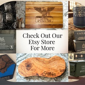 May include: An assortment of personalized gifts, including engraved cutting boards, military-themed ammo boxes, and a tumbler with the text "No Working During Drinking Hours." The image also features etched glassware.