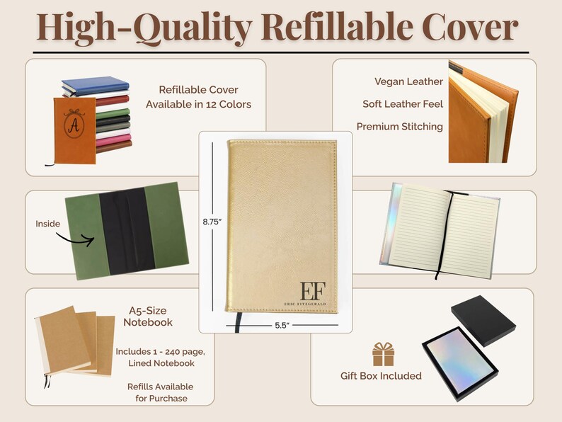 Vegan Leather Journal Premium Writing Diary Daily Planner Cover Personalized Gift Option Professional Notebook Refillable Design Executive Style A5 Size Notebook Lined Paper Pages Travel Writing Book Soft Leather Feel Quality Stitching