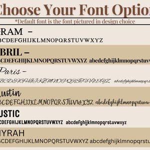 May include: Image displaying font options for design choices. The text reads "Choose Your Font Option" and lists six font styles: Gram, Abril, Paris, Austin, Rustic, and Myrah, each with a sample of the alphabet.