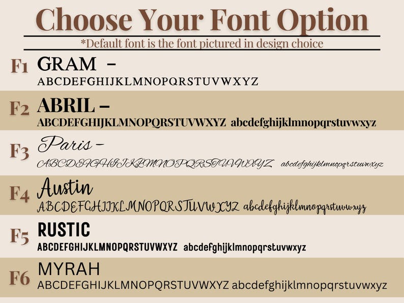May include: Image displaying font options for design choices. The text reads "Choose Your Font Option" and lists six font styles: Gram, Abril, Paris, Austin, Rustic, and Myrah, each with a sample of the alphabet.