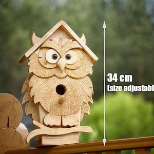May include: Wooden owl birdhouse with a 34-inch size, adjustable. The birdhouse is carved with an owl face and has a round opening for birds to enter.