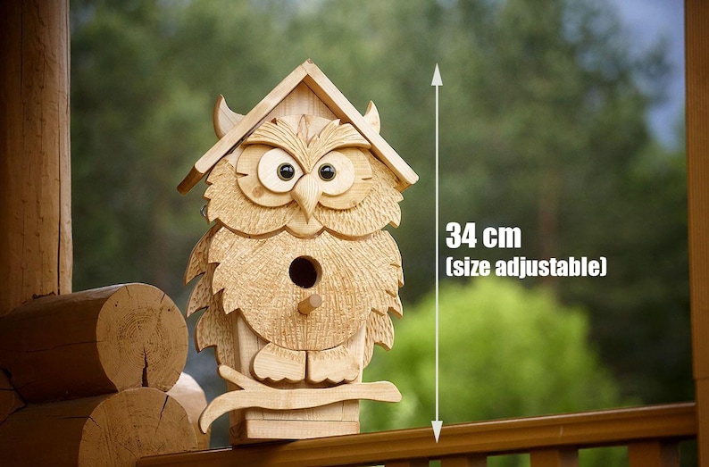 May include: Wooden owl birdhouse with a 34-inch size, adjustable. The birdhouse is carved with an owl face and has a round opening for birds to enter.