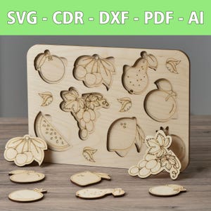 Laser Wooden Kids Puzzle Fruits - Juego educativo para niños - SVG, CDR y más - Rompecabezas de frutas de madera - Juguete inspirado en Montessori DIY