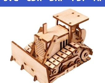 May include: A wooden model of a bulldozer with a raised blade. The model is made of laser-cut wood and has a detailed design. The bulldozer is a popular subject for model making and is a great way to add a touch of industrial charm to any home.