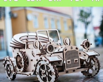Könnte beinhalten: Ein Holzmodellbausatz eines Oldtimers mit filigranen Details und klassischem Design. Das Modell ist zusammengebaut und bereit zur Präsentation.